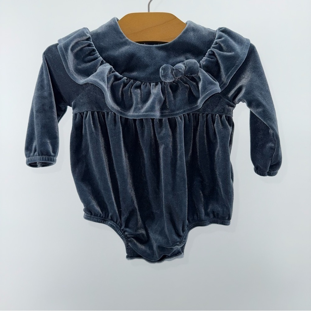 Mud Pie Dusty Blue Velvet Ruffled Bodysuit